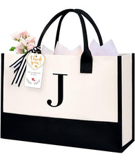BAGAIL Initial Tote Bag, Personalized Birthday Gifts for Women, Teacher, Friends, Mom, Wedding, Monogrammed Beach Bag(1pcs-Ivory, S)