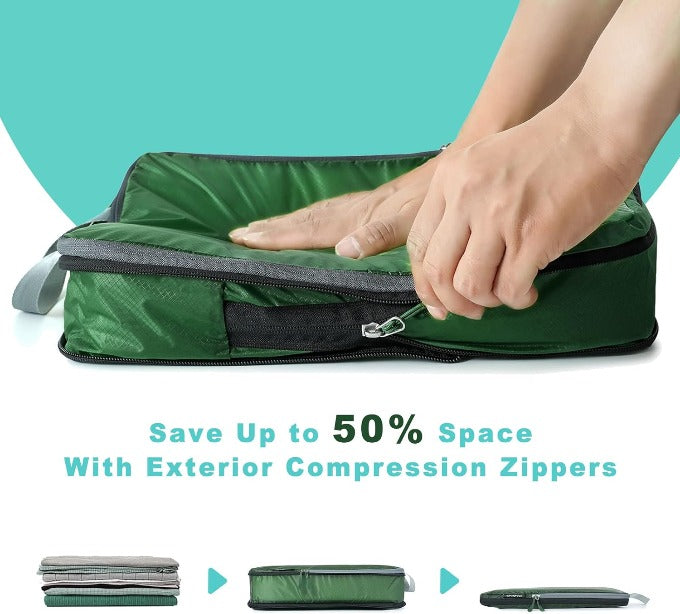 70D Ultralight Compression Packing Cubes Packing Organizer with Shoe Bag  for Travel Accessories Luggage Suitcase Backpack（6Set） - Green Flower