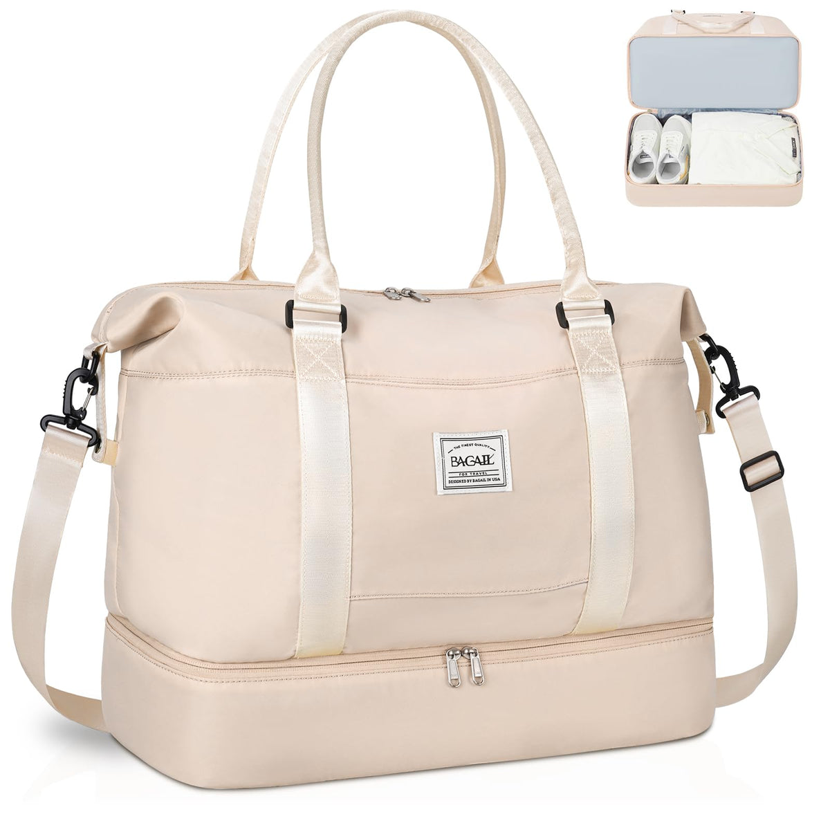 BAGAIL Travel Duffel Bag, Weekender Bags for Women, Overnight Gym Carry On Tote Bag with Wet Pocket, Hospital Mom Bag for Labor and Delivery - Extra Large Set, Beige