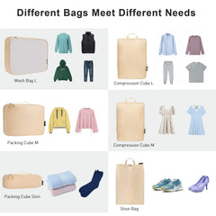 Bagail Ultralight Packing Cubes 7 Set, 3 Compression Packing Cubes 3 Packing Organizers With 1 Shoe Bag-Beige Mesh