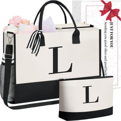 BAGAIL Initial Tote Bag, Personalized Birthday Gifts for Women, Teacher, Friends, Mom, Wedding, Monogrammed Beach Bag(1pcs-Ivory, S)