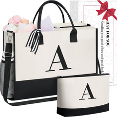 BAGAIL Initial Tote Bag, Personalized Birthday Gifts for Women, Teacher, Friends, Mom, Wedding, Monogrammed Beach Bag(1pcs-Ivory, S)