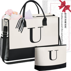 BAGAIL Initial Tote Bag, Personalized Birthday Gifts for Women, Teacher, Friends, Mom, Wedding, Monogrammed Beach Bag(1pcs-Ivory, S)
