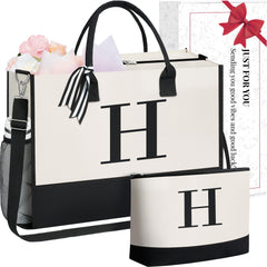 BAGAIL Initial Tote Bag, Personalized Birthday Gifts for Women, Teacher, Friends, Mom, Wedding, Monogrammed Beach Bag(1pcs-Ivory, S)