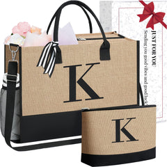 BAGAIL Initial Tote Bag, Personalized Birthday Gifts for Women, Teacher, Friends, Mom, Wedding, Monogrammed Beach Bag(1pcs-Ivory, S)