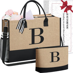 BAGAIL Initial Tote Bag, Personalized Birthday Gifts for Women, Teacher, Friends, Mom, Wedding, Monogrammed Beach Bag(1pcs-Ivory, S)