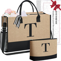 BAGAIL Initial Tote Bag, Personalized Birthday Gifts for Women, Teacher, Friends, Mom, Wedding, Monogrammed Beach Bag(1pcs-Ivory, S)