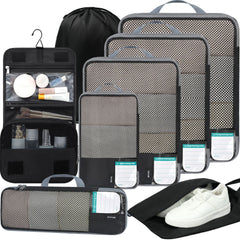 BAGAIL 4 Set/6 Set/8 Set Compression Packing Cubes Travel Accessories Expandable Packing Organizers(Beige SquareMesh 6 Set)