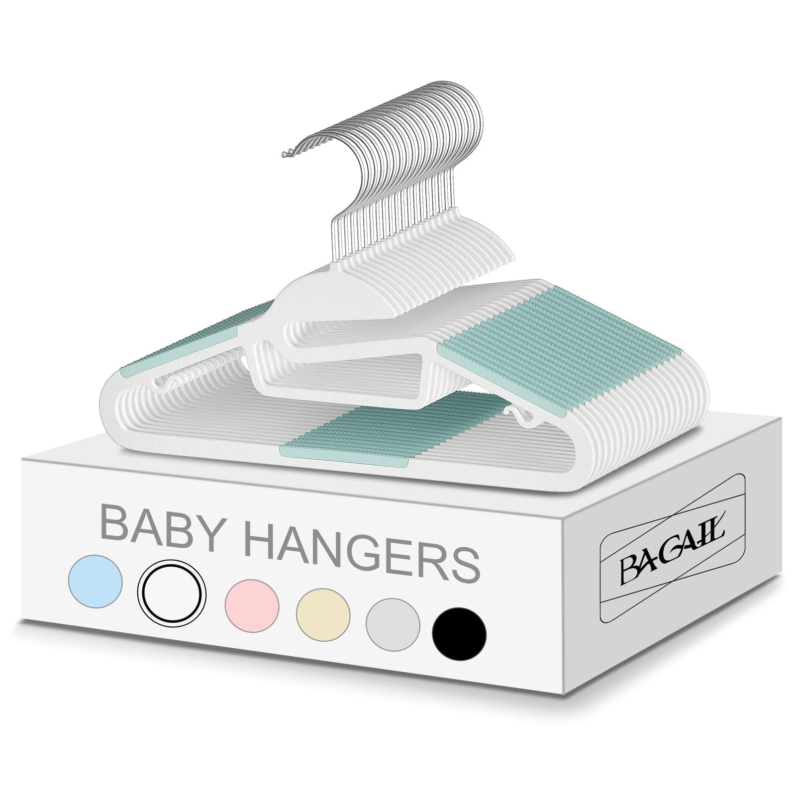 BAGAIL 12.6” Kids Plastic Hangers S-Slide 50 Pack Non-Slip Hangers 360° Swivel Hook Protect Collar Space Saving for Children Infant/Toddler Pants Coat-Light Blue BAGAIL CLOTHES_HANGER White / 50Pack / S-slide