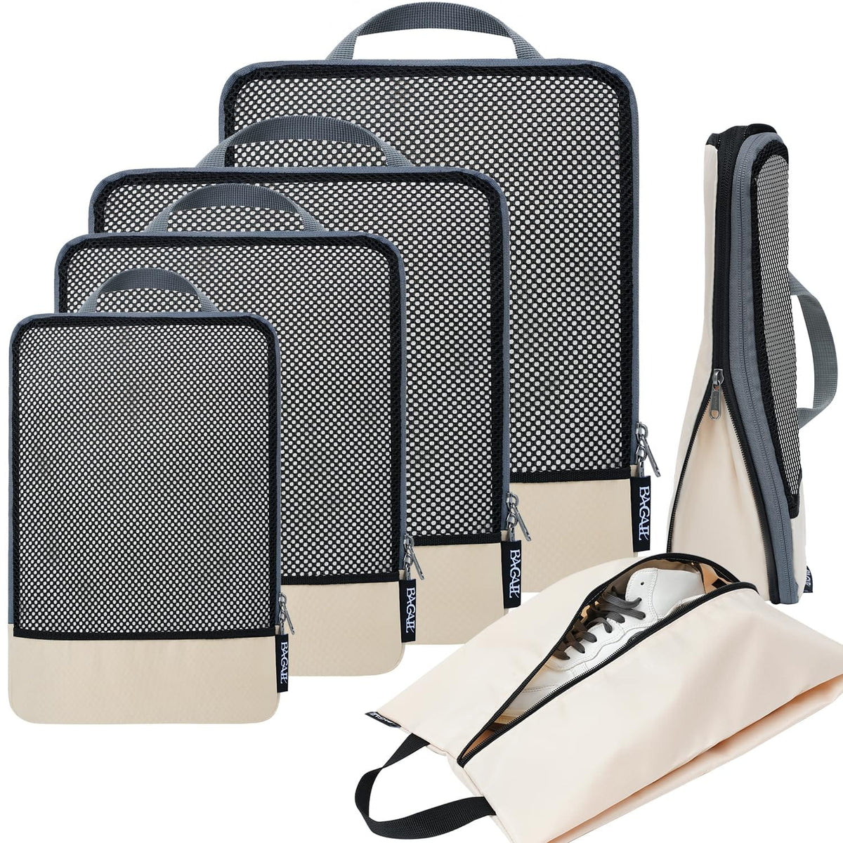 BAGAIL 4 Set/6 Set/8 Set Compression Packing Cubes Travel Accessories Expandable Packing Organizers(Beige SquareMesh 6 Set) Bagail STORAGE_BAG 6-Beige / Half Mesh