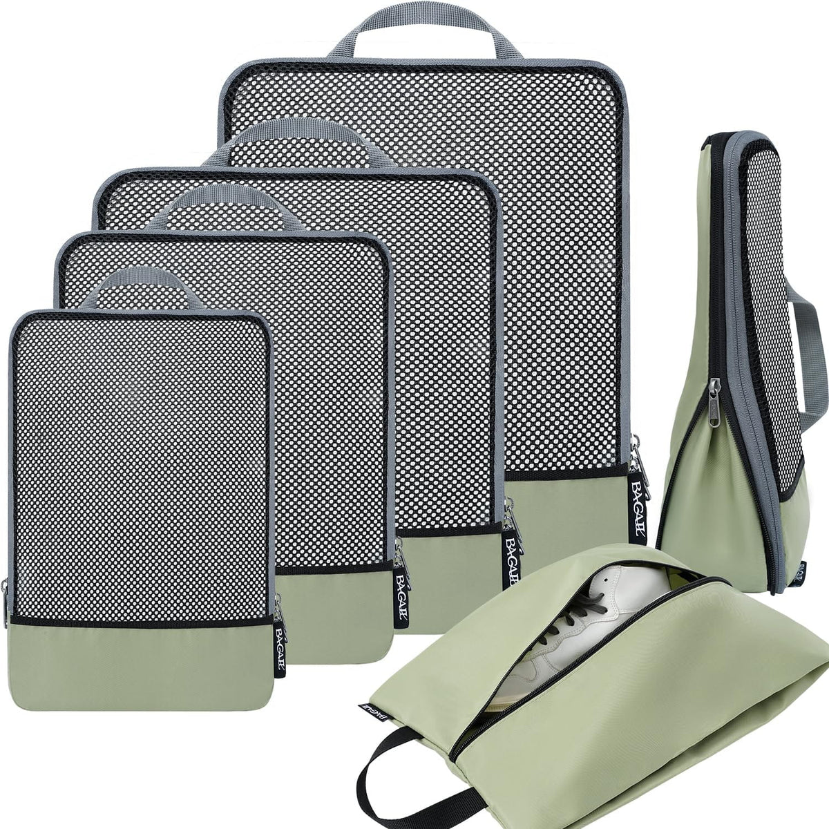 BAGAIL 4 Set/6 Set/8 Set Compression Packing Cubes Travel Accessories Expandable Packing Organizers(Beige SquareMesh 6 Set) Bagail STORAGE_BAG 6-Matcha Green / Half Mesh