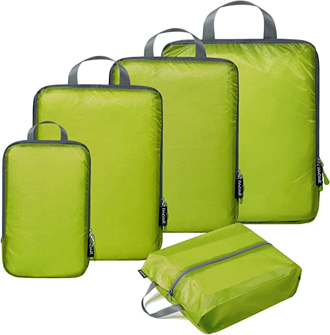 BAGAIL 5 Set Compression Packing Cubes Ultralight 40D Nylon Travel Expandable Packing Organizers Bagail Green