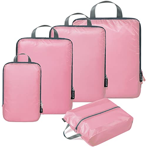 BAGAIL 5 Set Compression Packing Cubes Ultralight 40D Nylon Travel Expandable Packing Organizers Bagail Pink