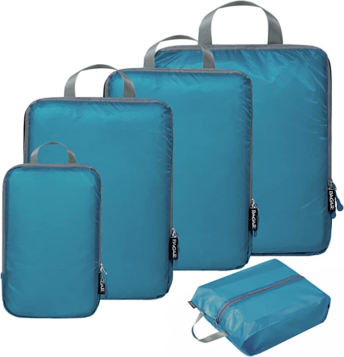 BAGAIL 5 Set Compression Packing Cubes Ultralight 40D Nylon Travel Expandable Packing Organizers Bagail Teal