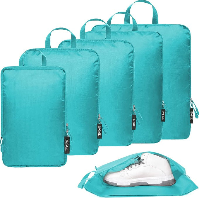 70D Ultralight Compression Packing Cubes Packing Organizer with Shoe Bag  for Travel Accessories Luggage Suitcase Backpack（6Set） - Blue