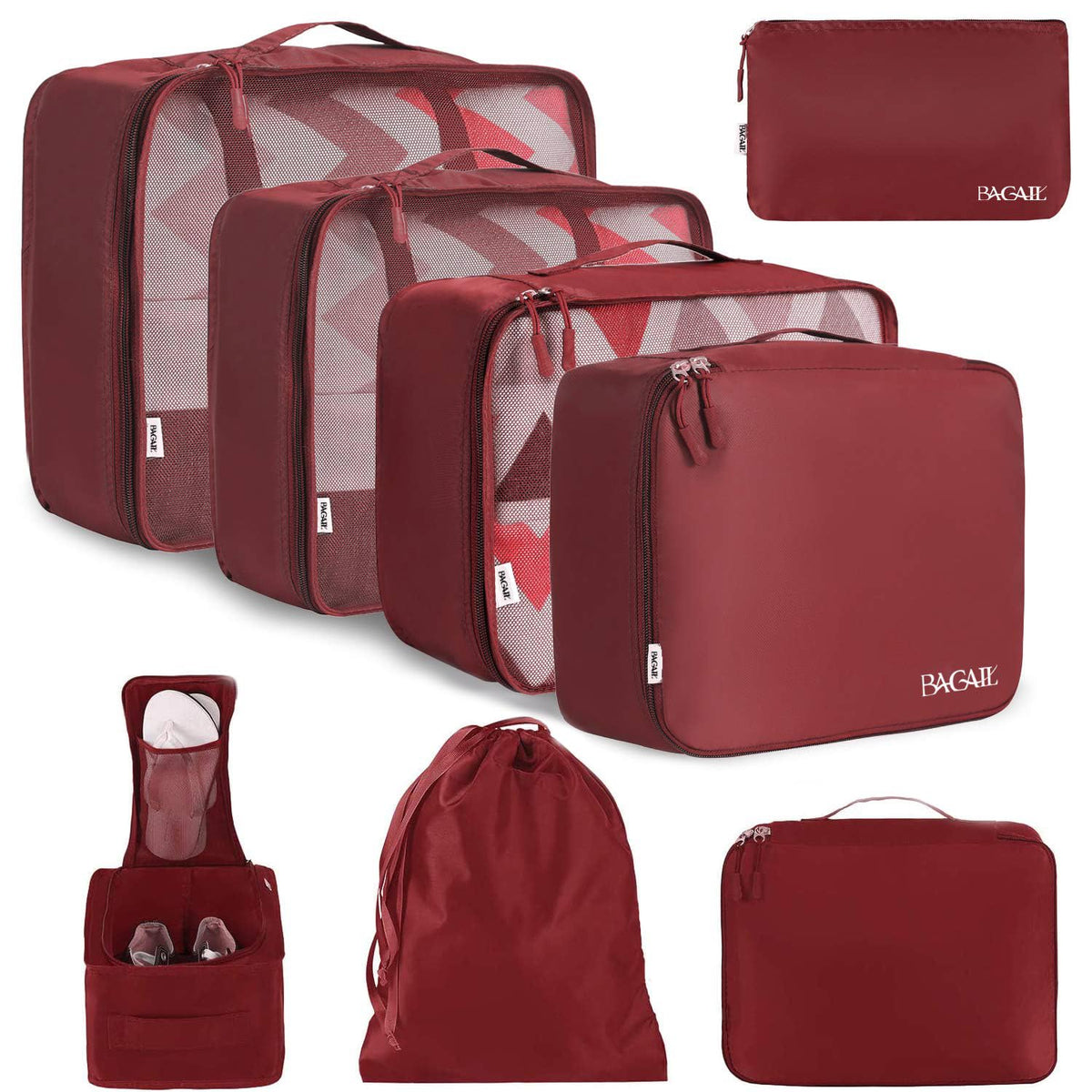 BAGAIL 6 Set Packing Cubes Luggage Packing Organizers for Travel Accessories (Beige) BAGAIL STORAGE_BAG Wine Red / 8 Set