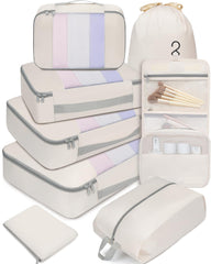 BAGAIL 6 Set Packing Cubes Various Sizes Packing Organizer for Travel Accessories Luggage Carry On Suitcase-Beige BAGAIL STORAGE_BAG 08-Beige / 8 Set-middle Mesh