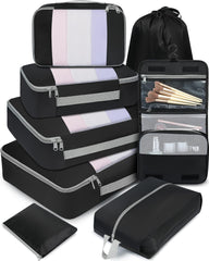 BAGAIL 6 Set Packing Cubes Various Sizes Packing Organizer for Travel Accessories Luggage Carry On Suitcase-Beige BAGAIL STORAGE_BAG 08-Black / 8 Set-middle Mesh