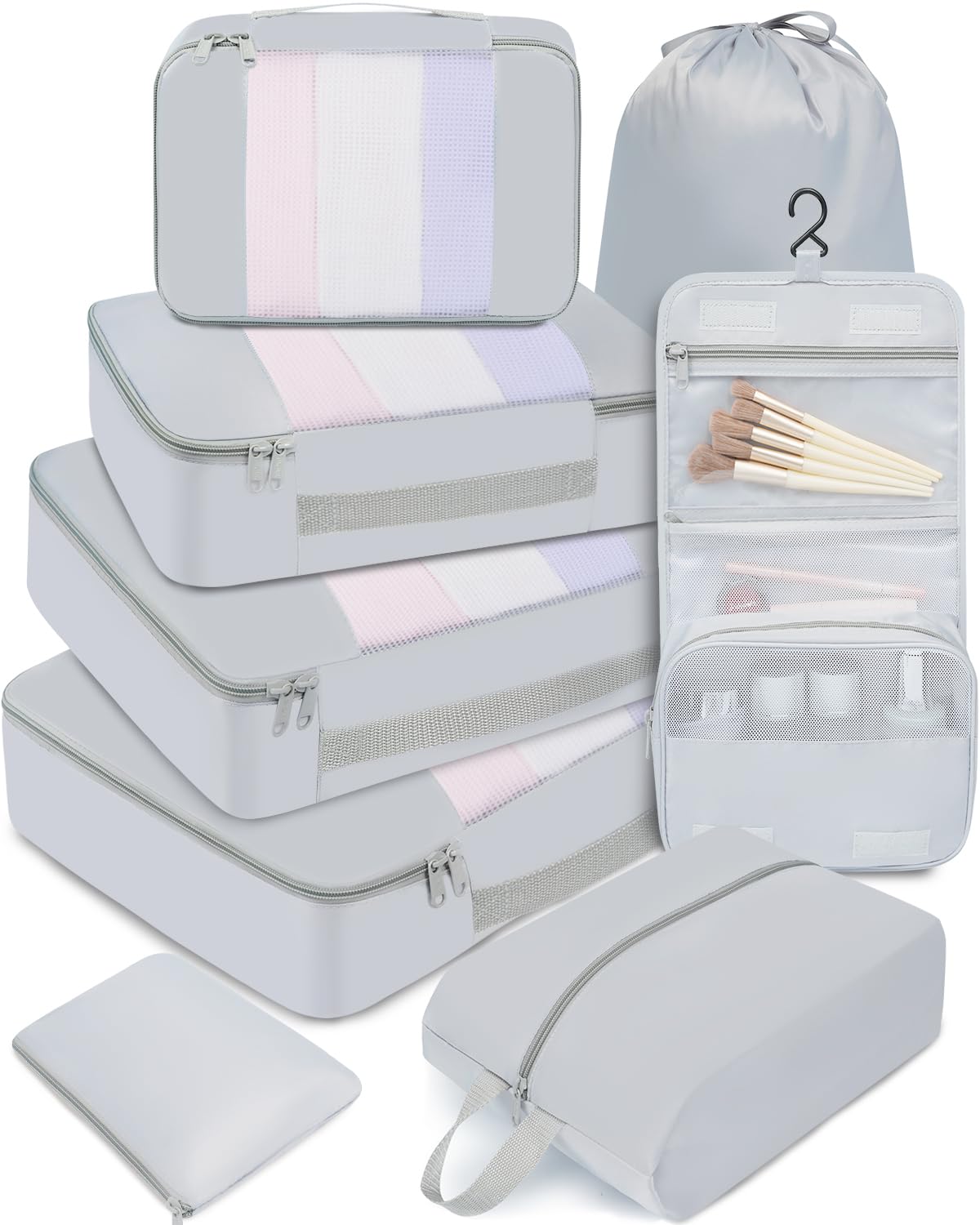 BAGAIL 6 Set Packing Cubes Various Sizes Packing Organizer for Travel Accessories Luggage Carry On Suitcase-Beige BAGAIL STORAGE_BAG 08-Light Grey / 8 Set-middle Mesh