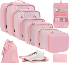 BAGAIL 6 Set Packing Cubes Various Sizes Packing Organizer for Travel Accessories Luggage Carry On Suitcase-Beige BAGAIL STORAGE_BAG 10-Pink / 10 Set-full Mesh