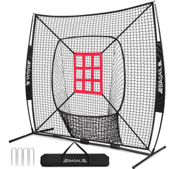 BAGAIL 7x7 ft Baseball & Softball Practice Net with Bow Frame for Batting, Hitting, Pitching, Portable Baseball Throwing Net with Strike Zone, Carry Bag, Baseball Training Aid for All Levels EO-UP SPORT_TARGET Sock Pocket - Black / Black