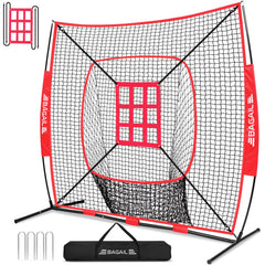 BAGAIL 7x7 ft Baseball & Softball Practice Net with Bow Frame for Batting, Hitting, Pitching, Portable Baseball Throwing Net with Strike Zone, Carry Bag, Baseball Training Aid for All Levels EO-UP SPORT_TARGET Sock Pocket - Red / Red
