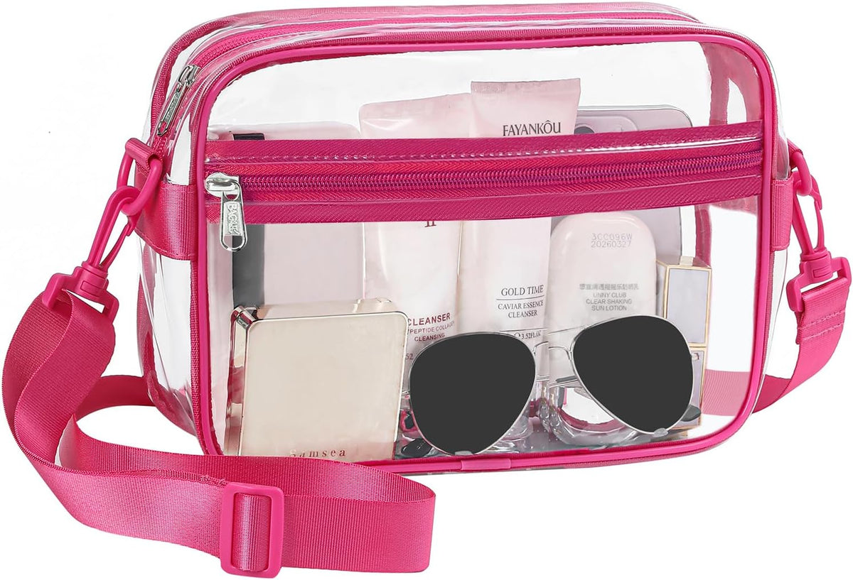 BAGAIL Clear Bag Stadium Approved Crossbody Shoulder Messenger Clear Purse with Adjustable Strap(Rectangle Black) BAGAIL CARRIER_BAG_CASE ClearPursePVC-L-Fuchsia / Fashion/Rectangle