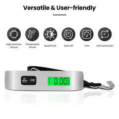 BAGAIL Digital Luggage Scale, Hanging Baggage Scale with Backlit LCD Display, Travel Weight Scale, Portable Suitcase Weighing Scale with Hook, 110 Lb Capacity, Battery Included-Silver with Temperature Bagail
