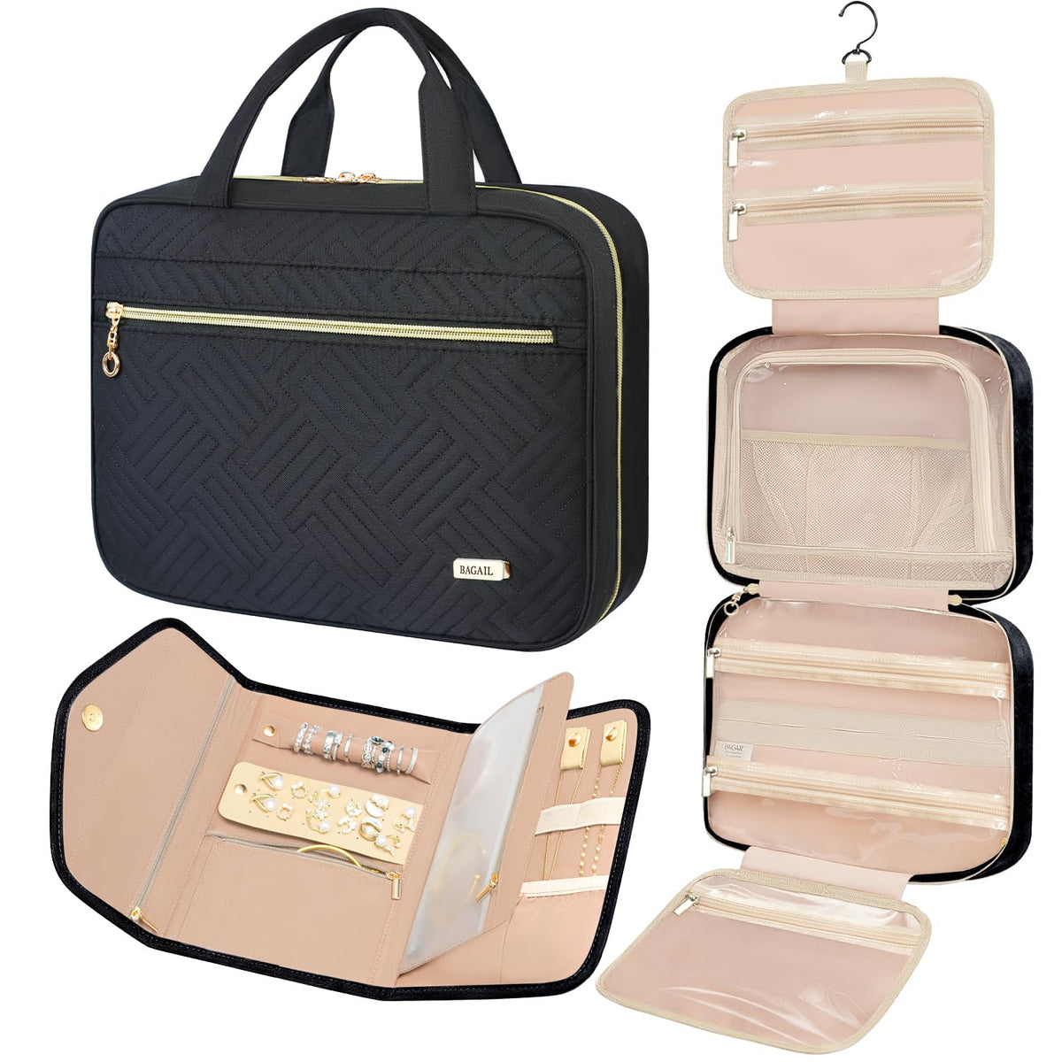 BAGAIL Hanging Toiletry Bag for Women Water-resistant Cosmetic Bag Large Capacity Travel Makeup Organizer for Full-Sized Travel Essentials(Classic+Jewelry Bag, Black) Bagail COSMETIC_CASE 1-Black / Classic+jewelry Bag