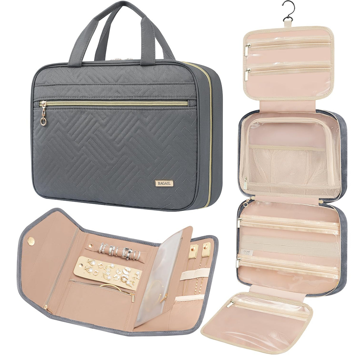 BAGAIL Hanging Toiletry Bag for Women Water-resistant Cosmetic Bag Large Capacity Travel Makeup Organizer for Full-Sized Travel Essentials(Classic+Jewelry Bag, Black) Bagail COSMETIC_CASE 1-Grey / Classic+jewelry Bag