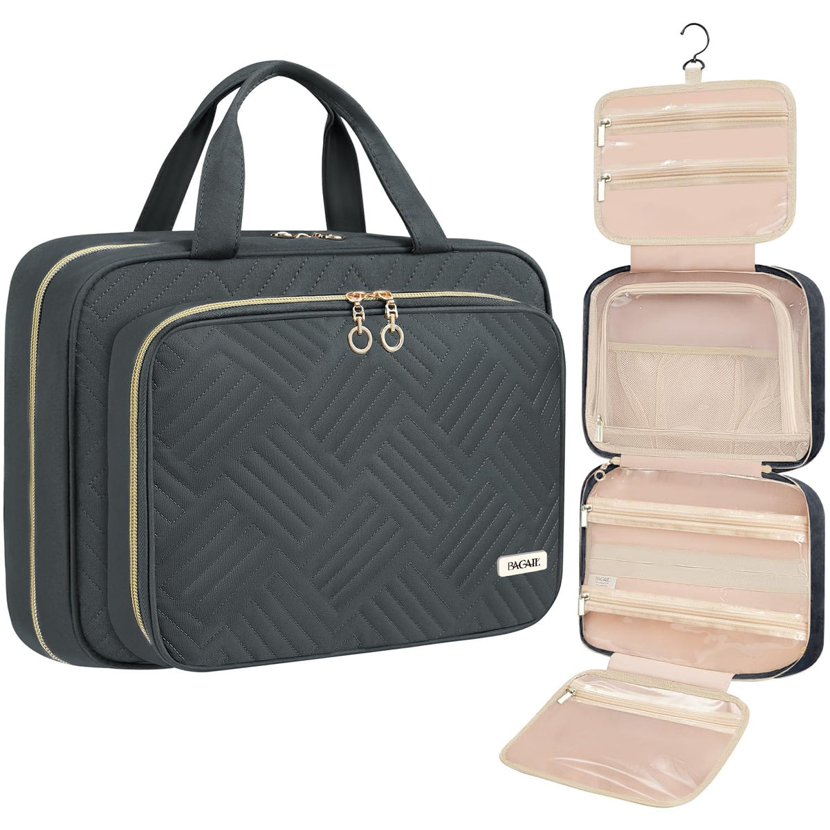 BAGAIL Hanging Toiletry Bag for Women Water-resistant Cosmetic Bag Large Capacity Travel Makeup Organizer for Full-Sized Travel Essentials(Classic+Jewelry Bag, Black) Bagail COSMETIC_CASE Grey / Standard
