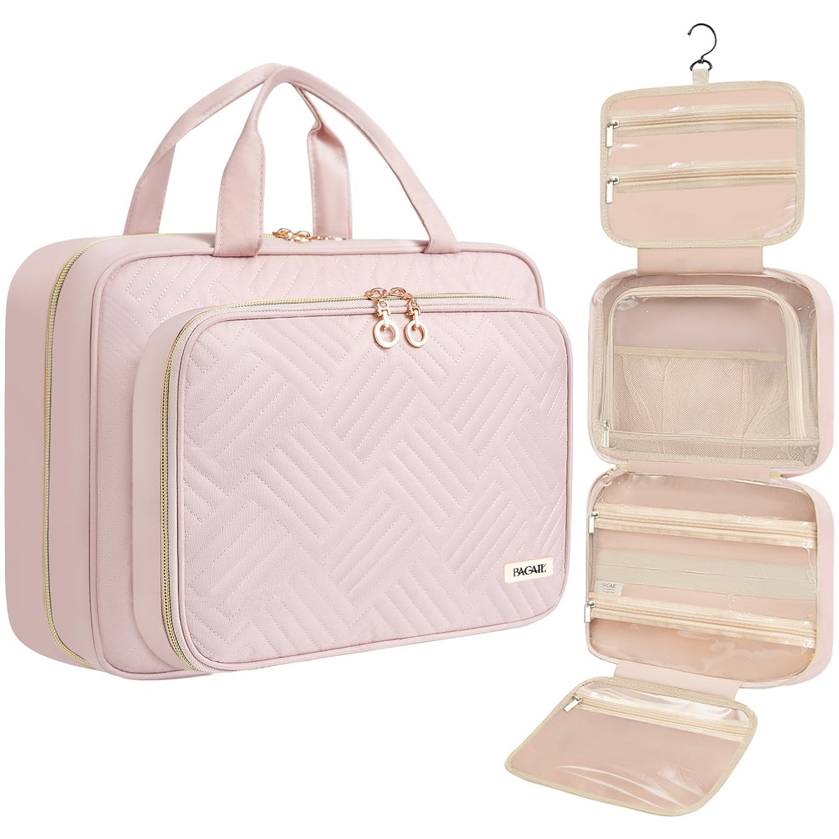 BAGAIL Hanging Toiletry Bag for Women Water-resistant Cosmetic Bag Large Capacity Travel Makeup Organizer for Full-Sized Travel Essentials(Classic+Jewelry Bag, Black) Bagail COSMETIC_CASE Pink / Standard