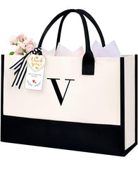 BAGAIL Initial Tote Bag, Personalized Birthday Gifts for Women, Teacher, Friends, Mom, Wedding, Monogrammed Beach Bag(1pcs-Ivory, S) BAGAIL TOTE_BAG Ivory-1pcs / Canvas V