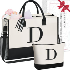 BAGAIL Initial Tote Bag, Personalized Birthday Gifts for Women, Teacher, Friends, Mom, Wedding, Monogrammed Beach Bag(1pcs-Ivory, S) BAGAIL TOTE_BAG Ivory-2pcs / Canvas D With Cosmetic Bag