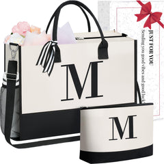 BAGAIL Initial Tote Bag, Personalized Birthday Gifts for Women, Teacher, Friends, Mom, Wedding, Monogrammed Beach Bag(1pcs-Ivory, S) BAGAIL TOTE_BAG Ivory-2pcs / Canvas M With Cosmetic Bag