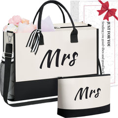 BAGAIL Initial Tote Bag, Personalized Birthday Gifts for Women, Teacher, Friends, Mom, Wedding, Monogrammed Beach Bag(1pcs-Ivory, S) BAGAIL TOTE_BAG Ivory-2pcs / Canvas Mrs With Cosmetic Bag