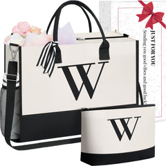BAGAIL Initial Tote Bag, Personalized Birthday Gifts for Women, Teacher, Friends, Mom, Wedding, Monogrammed Beach Bag(1pcs-Ivory, S) BAGAIL TOTE_BAG Ivory-2pcs / Canvas W With Cosmetic Bag