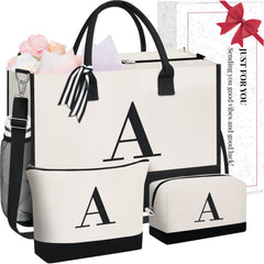 BAGAIL Initial Tote Bag, Personalized Birthday Gifts for Women, Teacher, Friends, Mom, Wedding, Monogrammed Beach Bag(1pcs-Ivory, S) BAGAIL TOTE_BAG Ivory-3pcs / Canvas a With 2 Cosmetic Bags