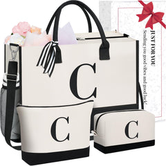 BAGAIL Initial Tote Bag, Personalized Birthday Gifts for Women, Teacher, Friends, Mom, Wedding, Monogrammed Beach Bag(1pcs-Ivory, S) BAGAIL TOTE_BAG Ivory-3pcs / Canvas C With 2 Cosmetic Bags