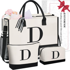 BAGAIL Initial Tote Bag, Personalized Birthday Gifts for Women, Teacher, Friends, Mom, Wedding, Monogrammed Beach Bag(1pcs-Ivory, S) BAGAIL TOTE_BAG Ivory-3pcs / Canvas D With 2 Cosmetic Bags