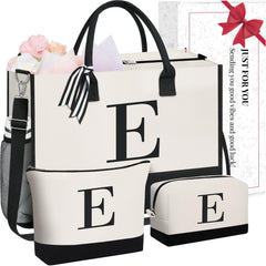 BAGAIL Initial Tote Bag, Personalized Birthday Gifts for Women, Teacher, Friends, Mom, Wedding, Monogrammed Beach Bag(1pcs-Ivory, S) BAGAIL TOTE_BAG Ivory-3pcs / Canvas E With 2 Cosmetic Bags