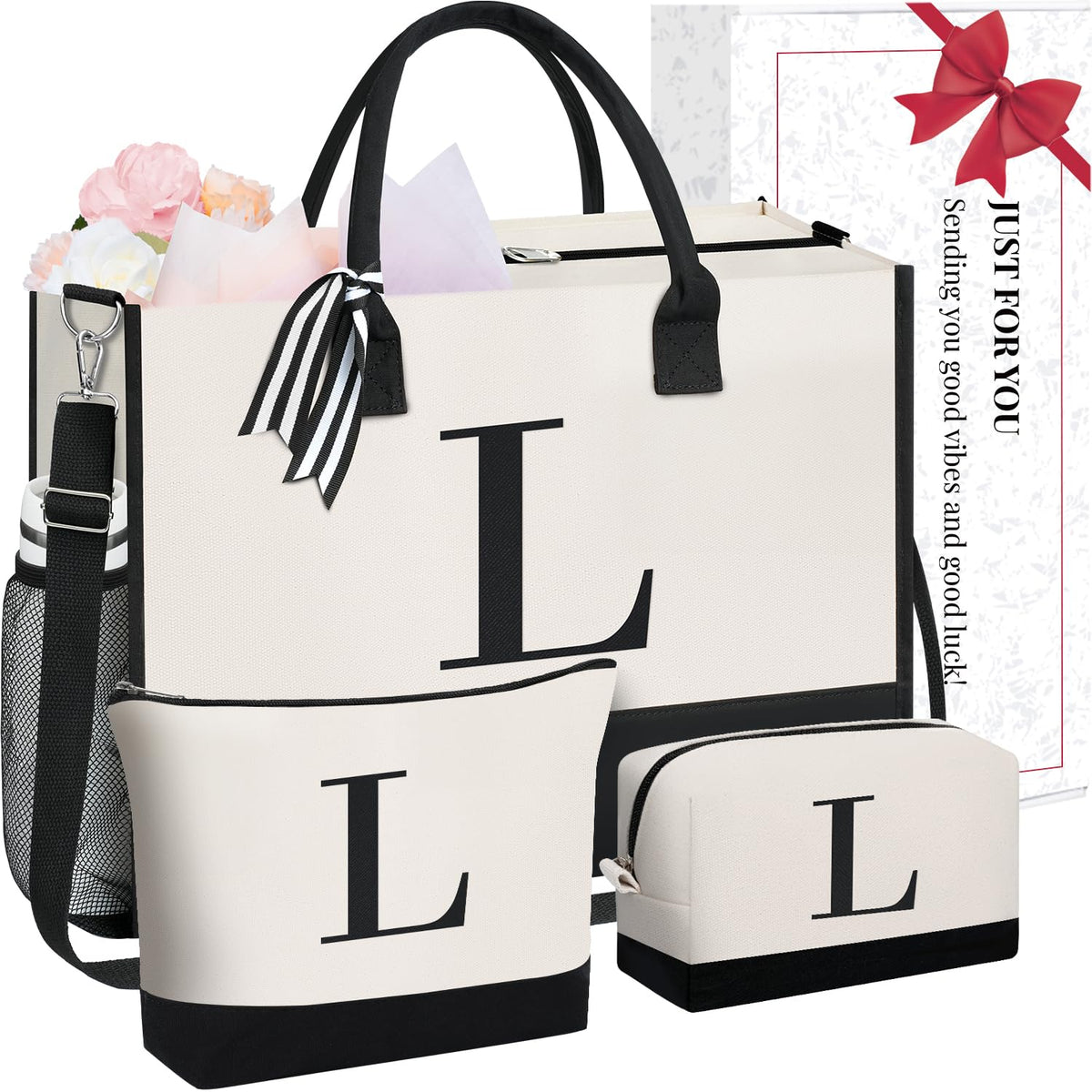 BAGAIL Initial Tote Bag, Personalized Birthday Gifts for Women, Teacher, Friends, Mom, Wedding, Monogrammed Beach Bag(1pcs-Ivory, S) BAGAIL TOTE_BAG Ivory-3pcs / Canvas L With 2 Cosmetic Bags
