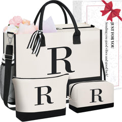 BAGAIL Initial Tote Bag, Personalized Birthday Gifts for Women, Teacher, Friends, Mom, Wedding, Monogrammed Beach Bag(1pcs-Ivory, S) BAGAIL TOTE_BAG Ivory-3pcs / Canvas R With 2 Cosmetic Bags