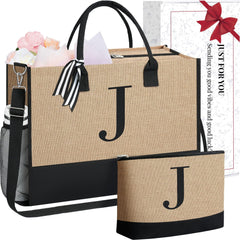 BAGAIL Initial Tote Bag, Personalized Birthday Gifts for Women, Teacher, Friends, Mom, Wedding, Monogrammed Beach Bag(1pcs-Ivory, S) BAGAIL TOTE_BAG Jute Brown-2pcs / Jute Brown J With Cosmetic Bag