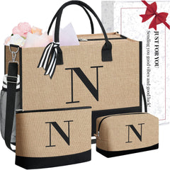 BAGAIL Initial Tote Bag, Personalized Birthday Gifts for Women, Teacher, Friends, Mom, Wedding, Monogrammed Beach Bag(1pcs-Ivory, S) BAGAIL TOTE_BAG Jute Brown-3pcs / Jute Brown S With 2 Cosmetic Bags