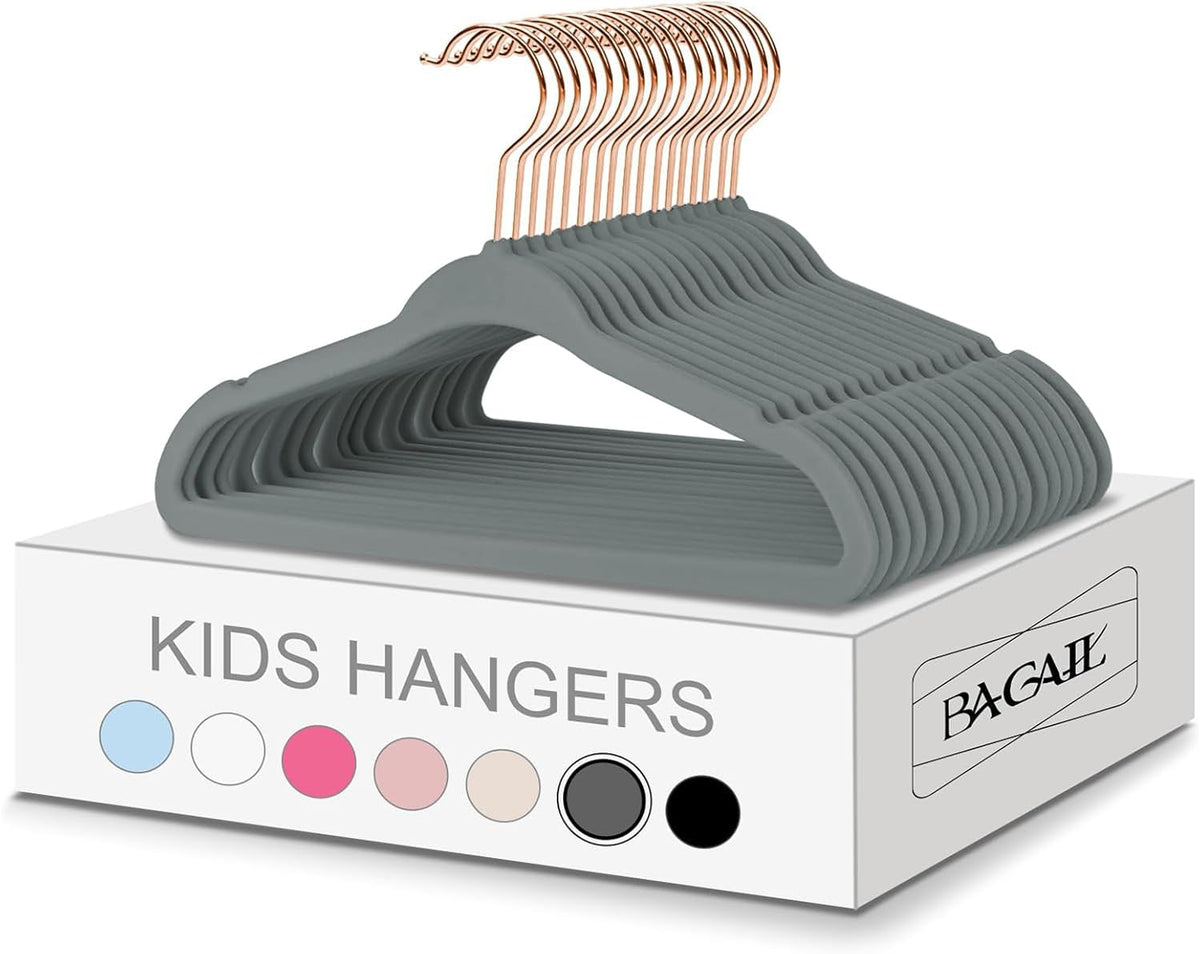 BAGAIL Kids Velvet Hangers 11 Inches Children's Clothes Hangers Non-Slip Baby Hangers for Infant/Toddler (Black,50pack) BAGAIL CLOTHES_HANGER Grey/Rose Gold / Kids-50 Pack