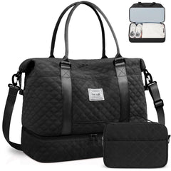 BAGAIL Travel Duffel Bag, Weekender Bags for Women, Overnight Gym Carry On Tote Bag with Wet Pocket, Hospital Mom Bag for Labor and Delivery - Extra Large Set, Beige Diyouth DUFFEL_BAG A-Grid-Black / Travel Bag Upgraded + Toiletry Bag