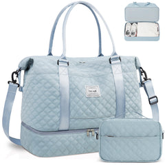 BAGAIL Travel Duffel Bag, Weekender Bags for Women, Overnight Gym Carry On Tote Bag with Wet Pocket, Hospital Mom Bag for Labor and Delivery - Extra Large Set, Beige Diyouth DUFFEL_BAG A-grid-light Blue / Travel Bag Upgraded + Toiletry Bag