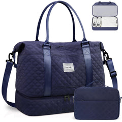 BAGAIL Travel Duffel Bag, Weekender Bags for Women, Overnight Gym Carry On Tote Bag with Wet Pocket, Hospital Mom Bag for Labor and Delivery - Extra Large Set, Beige Diyouth DUFFEL_BAG A-grid-navy Blue / Travel Bag Upgraded + Toiletry Bag