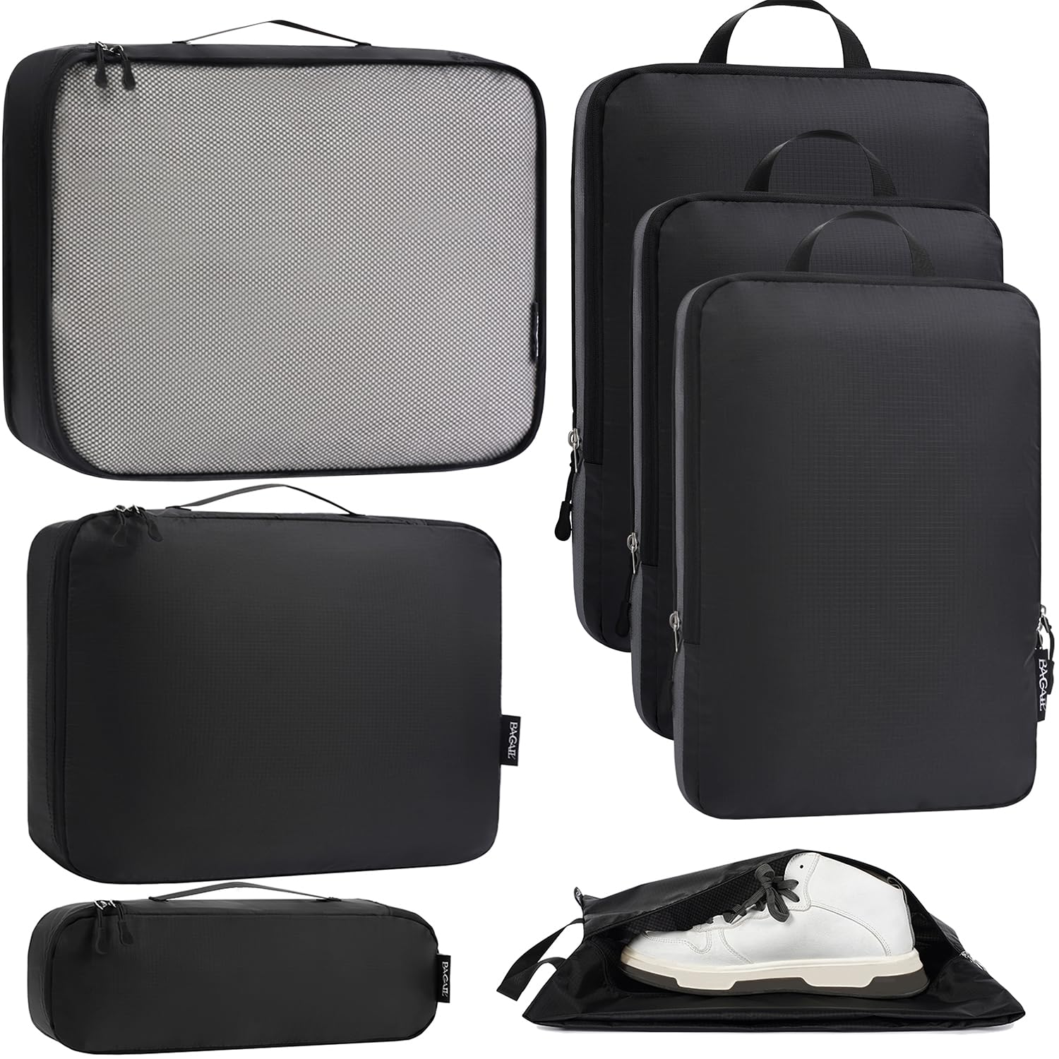 Bagail Ultralight Packing Cubes 7 Set, 3 Compression Packing Cubes 3 Packing Organizers With 1 Shoe Bag-Beige Mesh Bagail STORAGE_BAG The Black / Cloth Pattern
